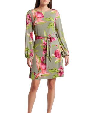 Tommy Bahama Lavish Blooms Floral Long Sleeve Dress in Tea Leaf